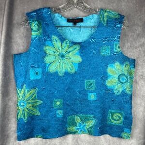 Vtg 90s Y2K Floral Tank Top XL Blue Green Pleated Blouse Fairy Boho‎ Hippie NWOT